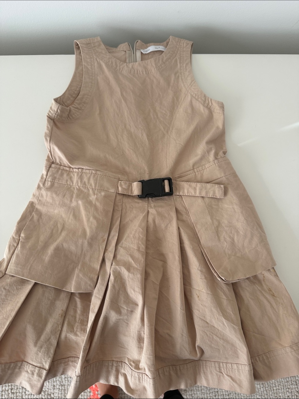 Zara Beige Utility-Style Pleated Dress with Buckle